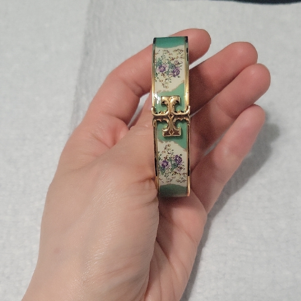 Floral Green and Gold Bangle Bracelet